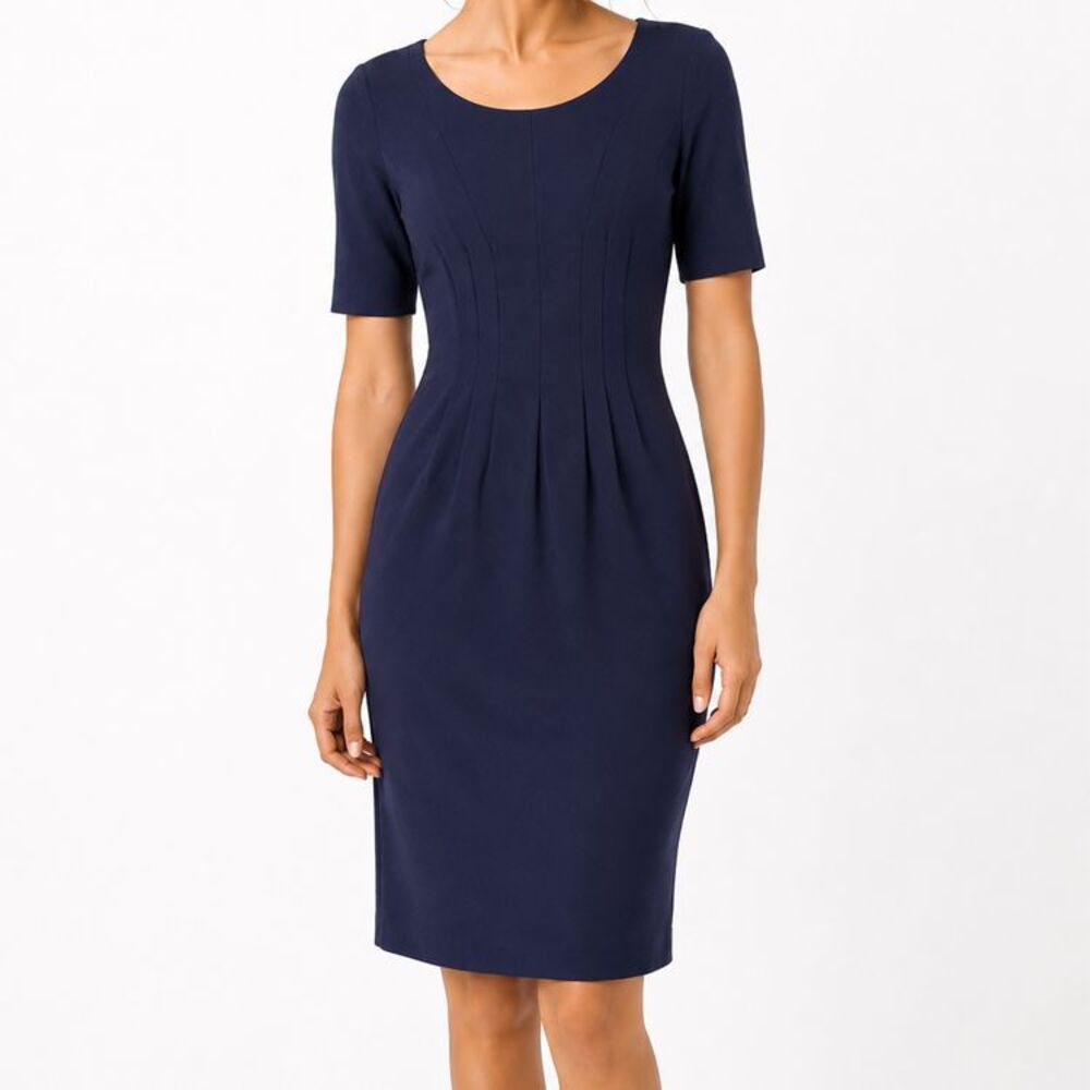 Boden Navy Pintuck Sheath Dress UK 10R US 6R Midi Career Office Stretch Knit
